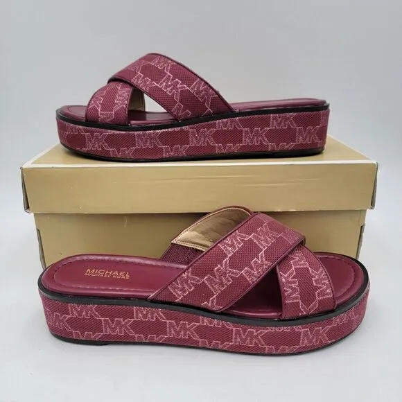 Michael Kors Indira Wedge Sandals MK Outline Jacquard Color Grapefruit Size 8M