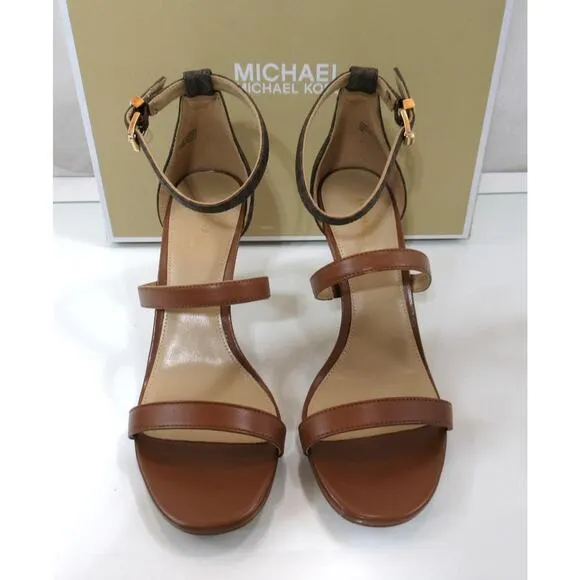 Michael Kors Koda Ankle Strap Heel Sandal Dress Strappy MK Logo Brown Size 7