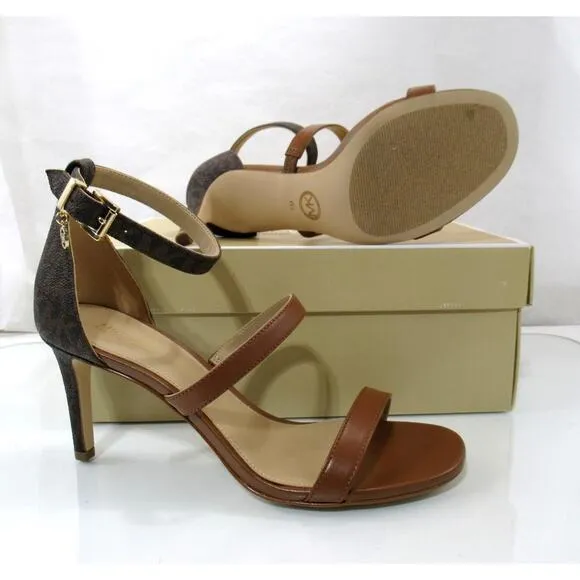 Michael Kors Koda Ankle Strap Heel Sandal Dress Strappy MK Logo Brown Size 7