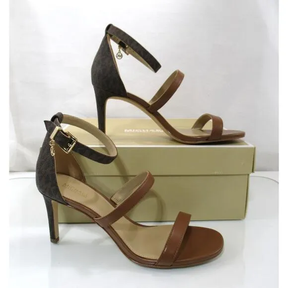 Michael Kors Koda Ankle Strap Heel Sandal Dress Strappy MK Logo Brown Size 7