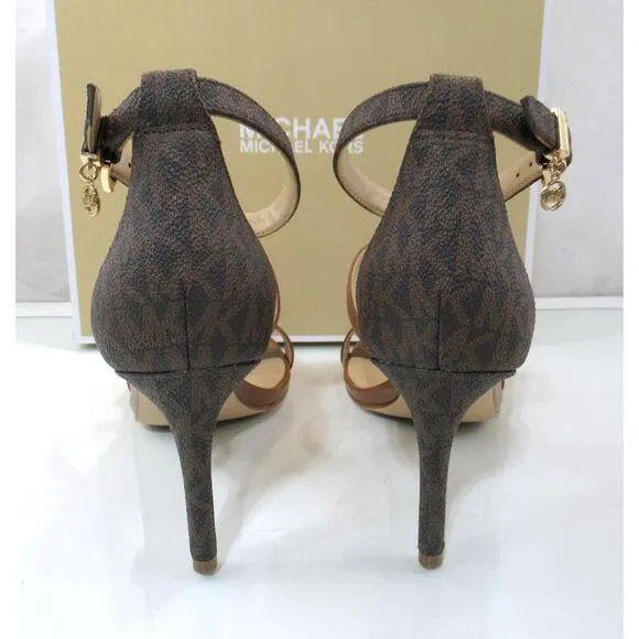 Michael Kors Koda Ankle Strap Heel Sandal Dress Strappy MK Logo Brown Size 7
