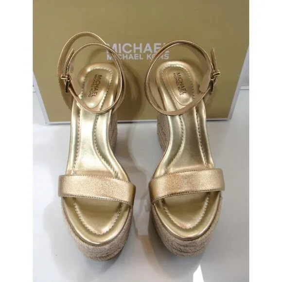 Michael Kors Leighton Wedge Ankle Strap Espadrille Platform Sandal Gold Size 9