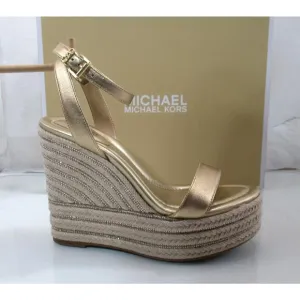 Michael Kors Leighton Wedge Ankle Strap Espadrille Platform Sandal Gold Size 9