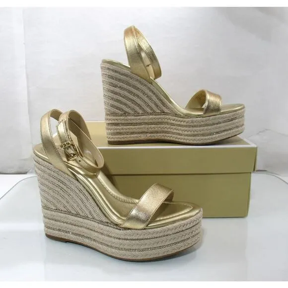 Michael Kors Leighton Wedge Ankle Strap Espadrille Platform Sandal Gold Size 9