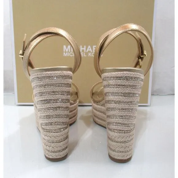 Michael Kors Leighton Wedge Ankle Strap Espadrille Platform Sandal Gold Size 9