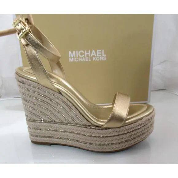 Michael Kors Leighton Wedge Ankle Strap Espadrille Platform Sandal Gold Size 9