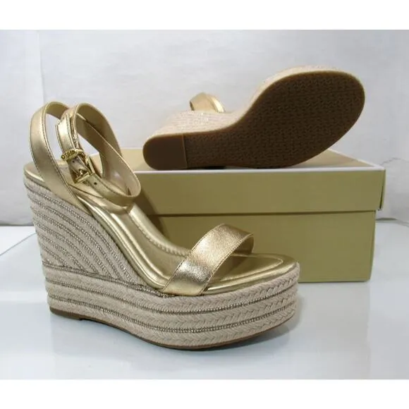 Michael Kors Leighton Wedge Ankle Strap Espadrille Platform Sandal Gold Size 9