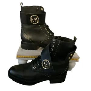 MICHAEL KORS TATUM ICONIC Black Gold Studded COMBAT BIKER BOOTS. Sz 7.5