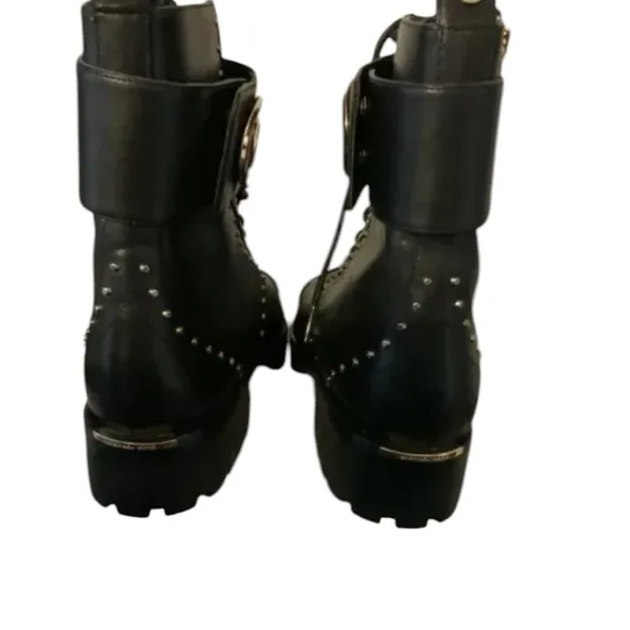 MICHAEL KORS TATUM ICONIC Black Gold Studded COMBAT BIKER BOOTS. Sz 7.5