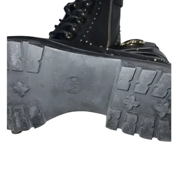 MICHAEL KORS TATUM ICONIC Black Gold Studded COMBAT BIKER BOOTS. Sz 7.5