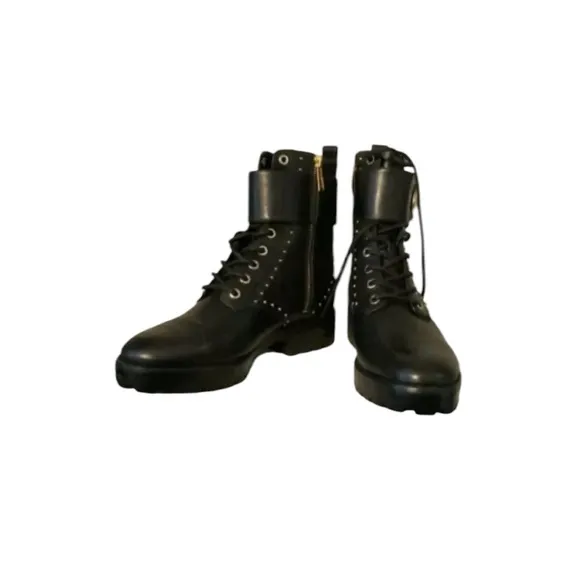 MICHAEL KORS TATUM ICONIC Black Gold Studded COMBAT BIKER BOOTS. Sz 7.5