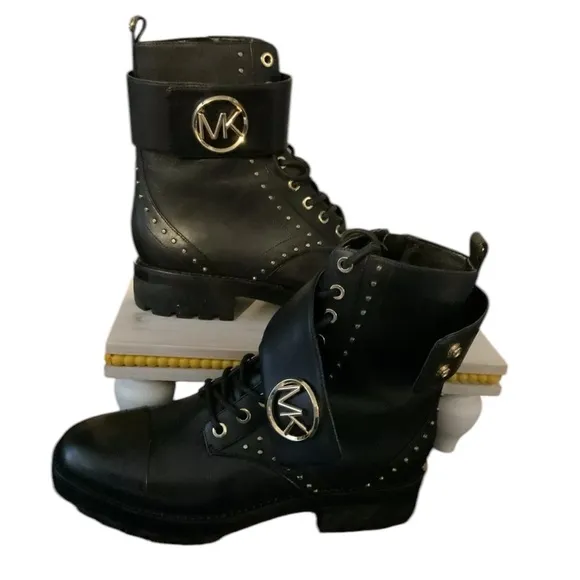 MICHAEL KORS TATUM ICONIC Black Gold Studded COMBAT BIKER BOOTS. Sz 7.5