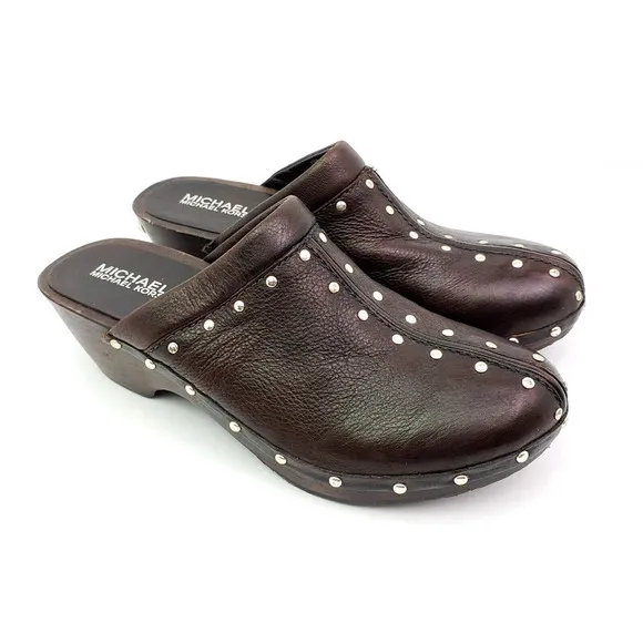 Michael Michael Kors Womens Sz 7.5 Brown Leather Studded Slip On Mule Clog Shoes