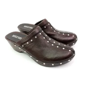 Michael Michael Kors Womens Sz 7.5 Brown Leather Studded Slip On Mule Clog Shoes