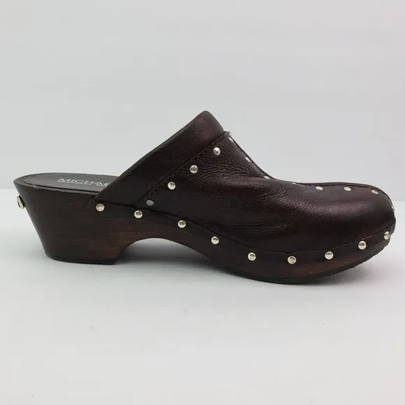Michael Michael Kors Womens Sz 7.5 Brown Leather Studded Slip On Mule Clog Shoes