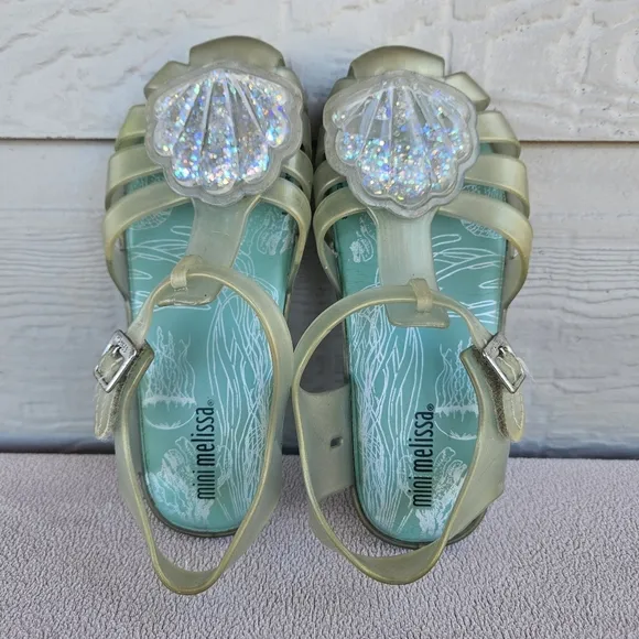 Mini Melissa Aranha Green Pearlescent Seashell Fisherman Sandal Toddler SZ 12