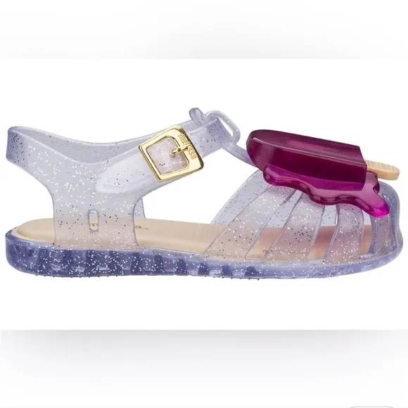 Mini Melissa Purple and Clear Glitter Popsicle Mary Jane Sandals 8C