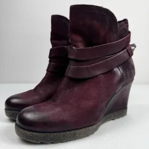 Miz Mooz Narcissa Leather Wedge Ankle Strap Boots Wine Merlot Size 37/6.5
