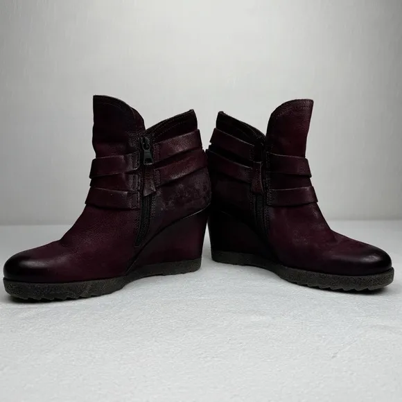 Miz Mooz Narcissa Leather Wedge Ankle Strap Boots Wine Merlot Size 37/6.5