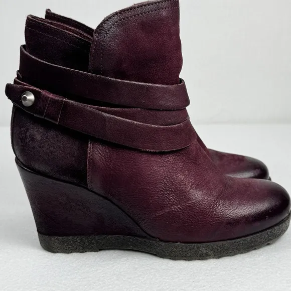 Miz Mooz Narcissa Leather Wedge Ankle Strap Boots Wine Merlot Size 37/6.5