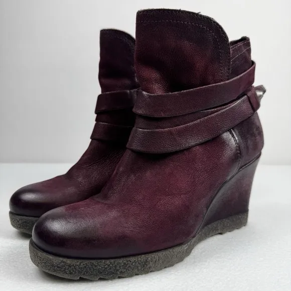 Miz Mooz Narcissa Leather Wedge Ankle Strap Boots Wine Merlot Size 37/6.5