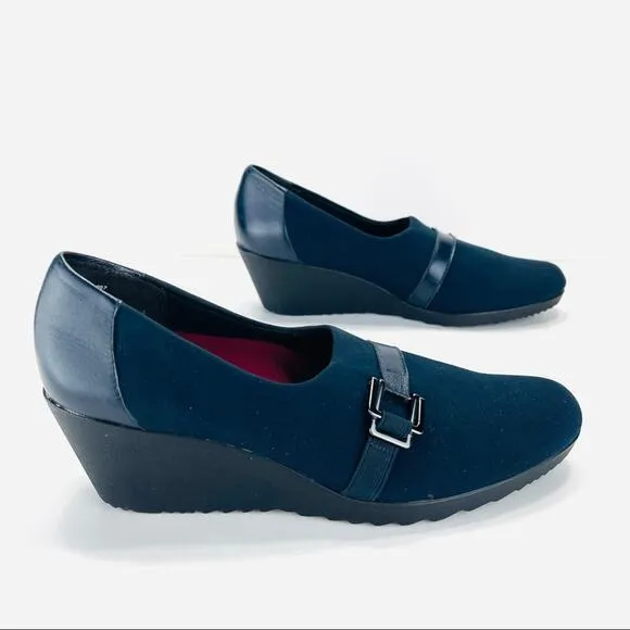 MUNRO Proper Size🦶Perfect Fit “MINDY” NAVY BLUE LEATHER &amp; FABRIC WEDGE PUMPS🆕