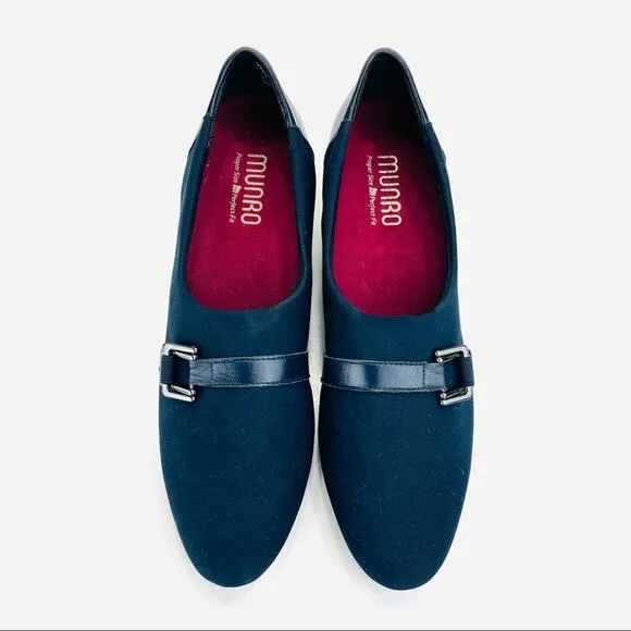 MUNRO Proper Size🦶Perfect Fit “MINDY” NAVY BLUE LEATHER &amp; FABRIC WEDGE PUMPS🆕