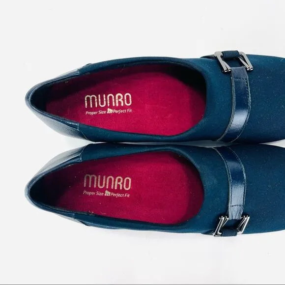 MUNRO Proper Size🦶Perfect Fit “MINDY” NAVY BLUE LEATHER &amp; FABRIC WEDGE PUMPS🆕