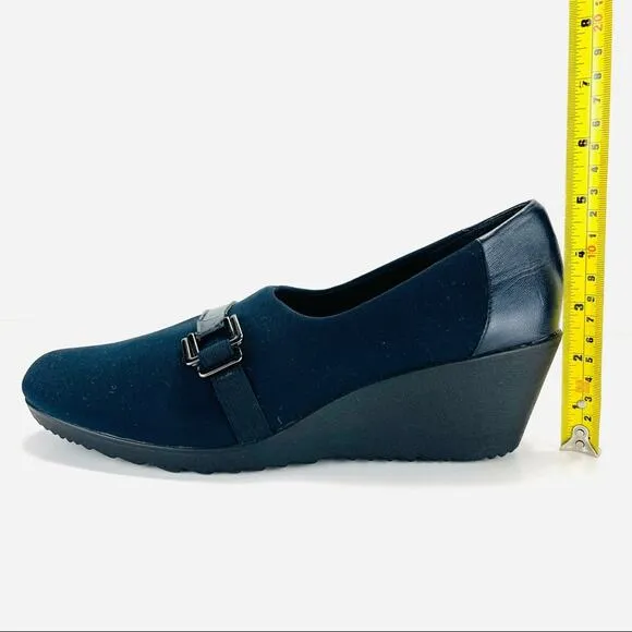 MUNRO Proper Size🦶Perfect Fit “MINDY” NAVY BLUE LEATHER &amp; FABRIC WEDGE PUMPS🆕