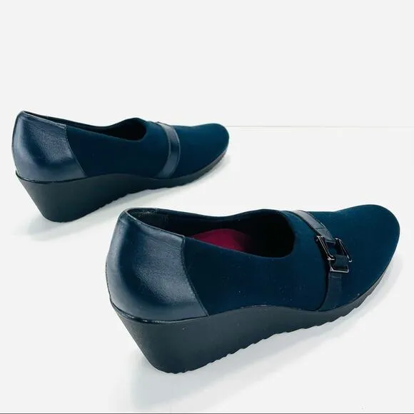 MUNRO Proper Size🦶Perfect Fit “MINDY” NAVY BLUE LEATHER &amp; FABRIC WEDGE PUMPS🆕