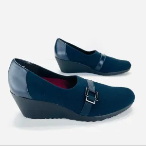 MUNRO Proper Size🦶Perfect Fit “MINDY” NAVY BLUE LEATHER &amp; FABRIC WEDGE PUMPS🆕
