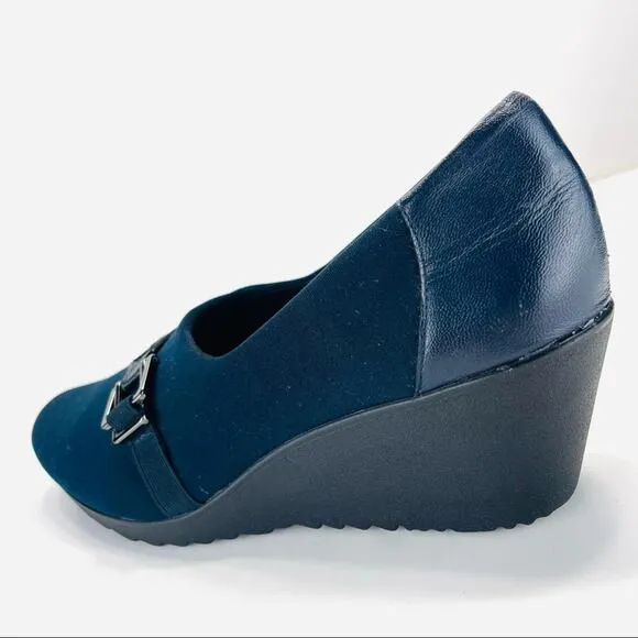 MUNRO Proper Size🦶Perfect Fit “MINDY” NAVY BLUE LEATHER &amp; FABRIC WEDGE PUMPS🆕