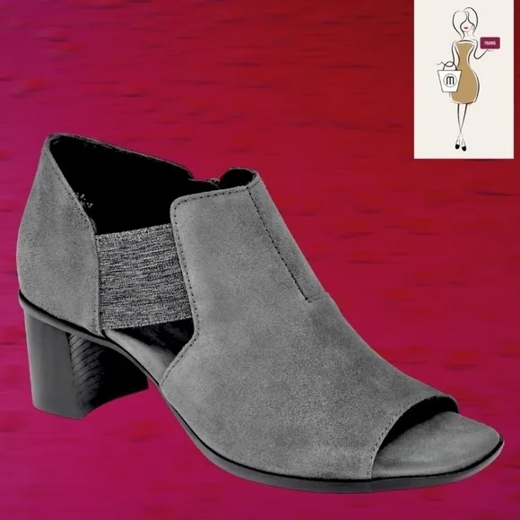 MUNRO Sable Grey Suede Leather Open Toe Block Heel Shootie