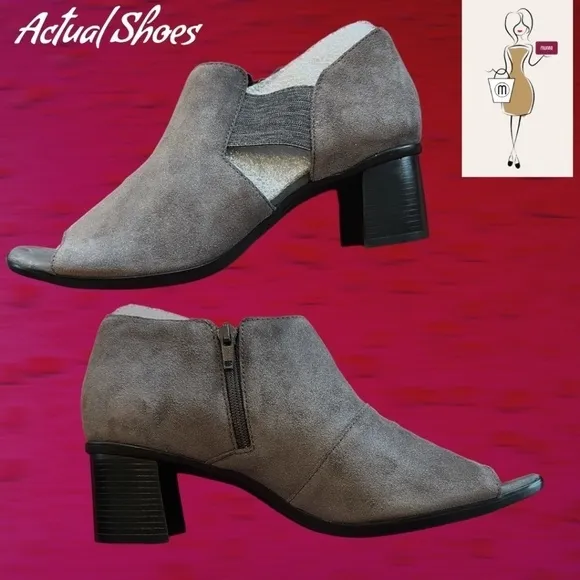 MUNRO Sable Grey Suede Leather Open Toe Block Heel Shootie