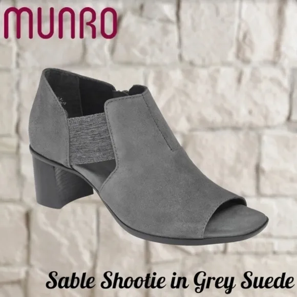 MUNRO Sable Grey Suede Leather Open Toe Block Heel Shootie