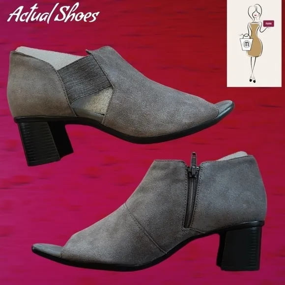 MUNRO Sable Grey Suede Leather Open Toe Block Heel Shootie