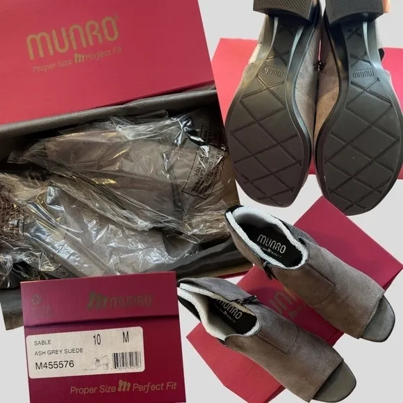 MUNRO Sable Grey Suede Leather Open Toe Block Heel Shootie