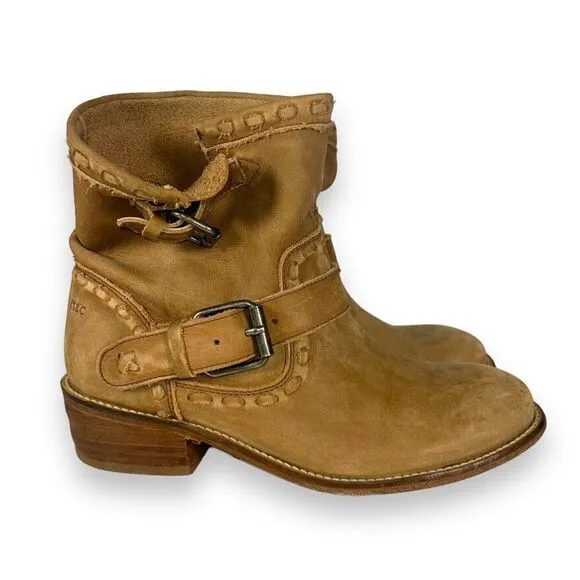 Musse &amp; Cloud Double Buckle Tan Leather Ankle Boots Women's 8