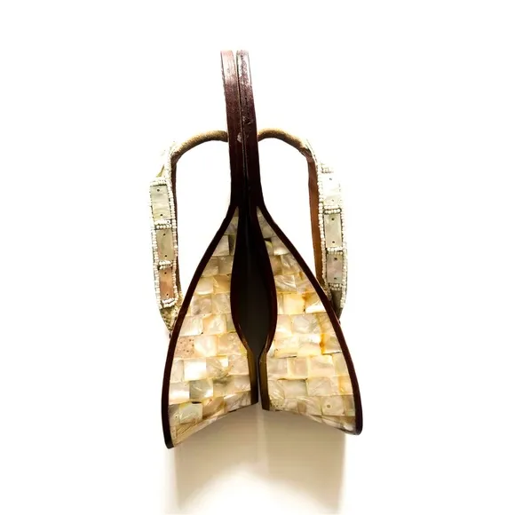 Mystique Mother of Pearl Beaded Handcrafted Leather Wedge Sandals 7