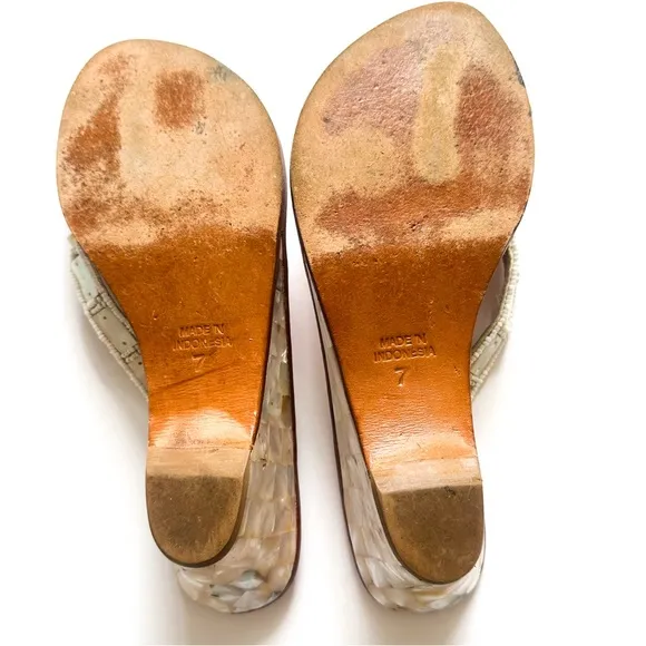 Mystique Mother of Pearl Beaded Handcrafted Leather Wedge Sandals 7