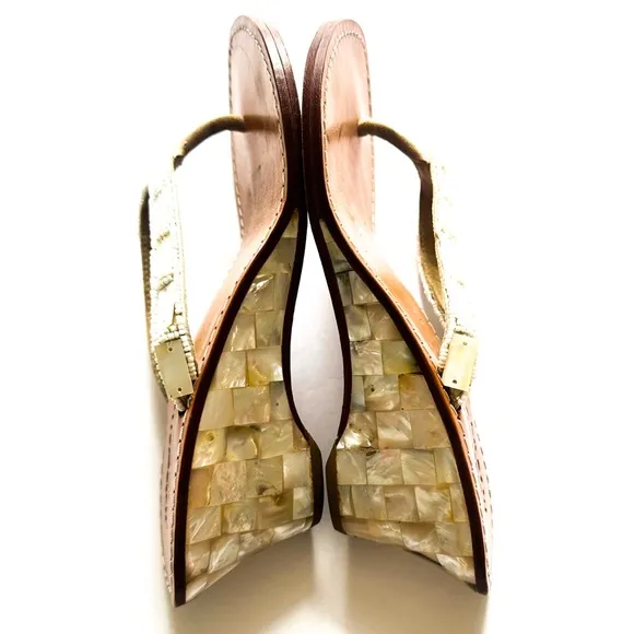 Mystique Mother of Pearl Beaded Handcrafted Leather Wedge Sandals 7