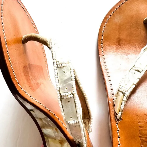 Mystique Mother of Pearl Beaded Handcrafted Leather Wedge Sandals 7