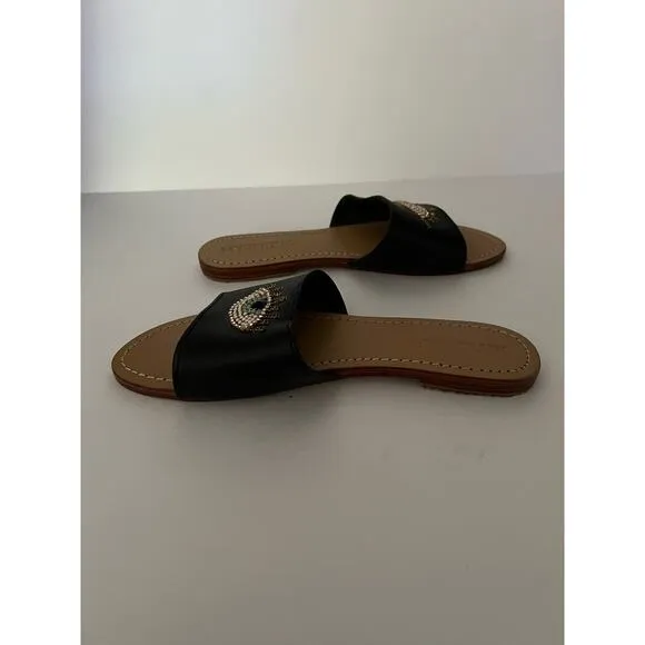 Mystique Women's Leather Evil Eye Rhinestone Bohemia Flat Slide Sandals Size 10