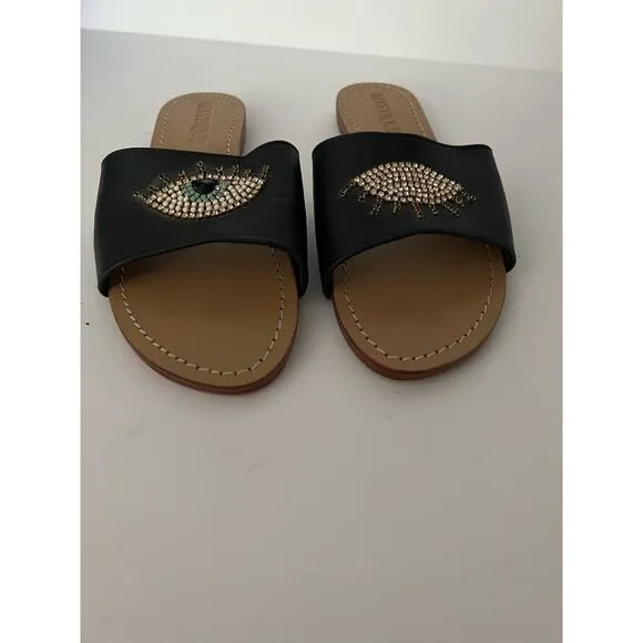 Mystique Women's Leather Evil Eye Rhinestone Bohemia Flat Slide Sandals Size 10