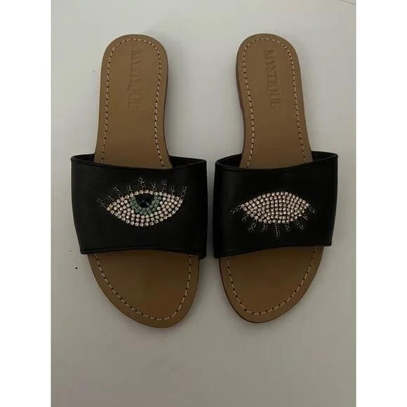 Mystique Women's Leather Evil Eye Rhinestone Bohemia Flat Slide Sandals Size 10
