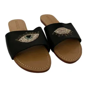 Mystique Women's Leather Evil Eye Rhinestone Bohemia Flat Slide Sandals Size 10