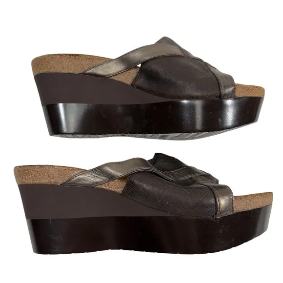 NAOT 38 Womens Slip On Platform Sandals Shoes Open Toe Brown Leather New