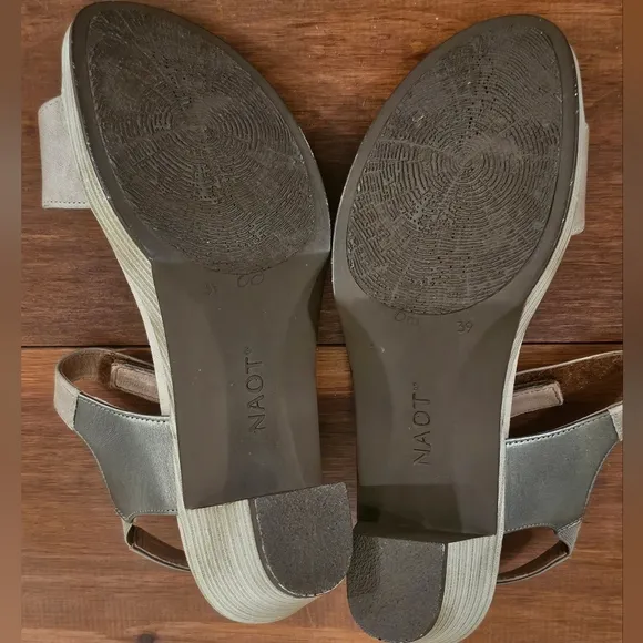 Naot Intact Women's Heels Khaki Tan Beige Pewter Leather Sandals - Size 39M