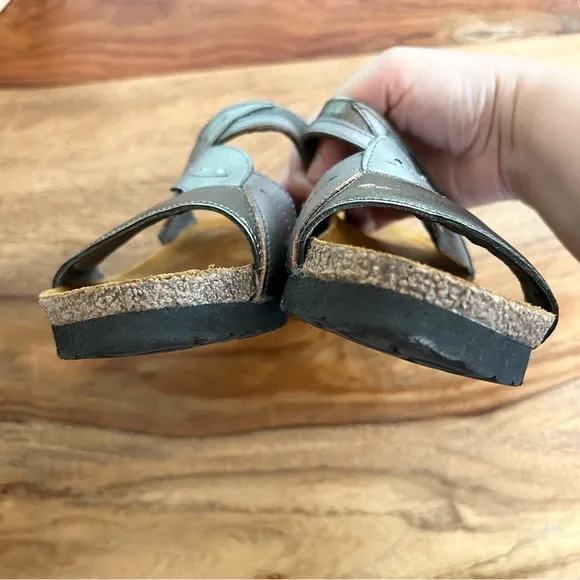 NAOT Kimberly silver bronze metallic women’s slide sandals with cork footbed
