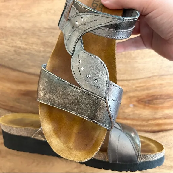 NAOT Kimberly silver bronze metallic women’s slide sandals with cork footbed